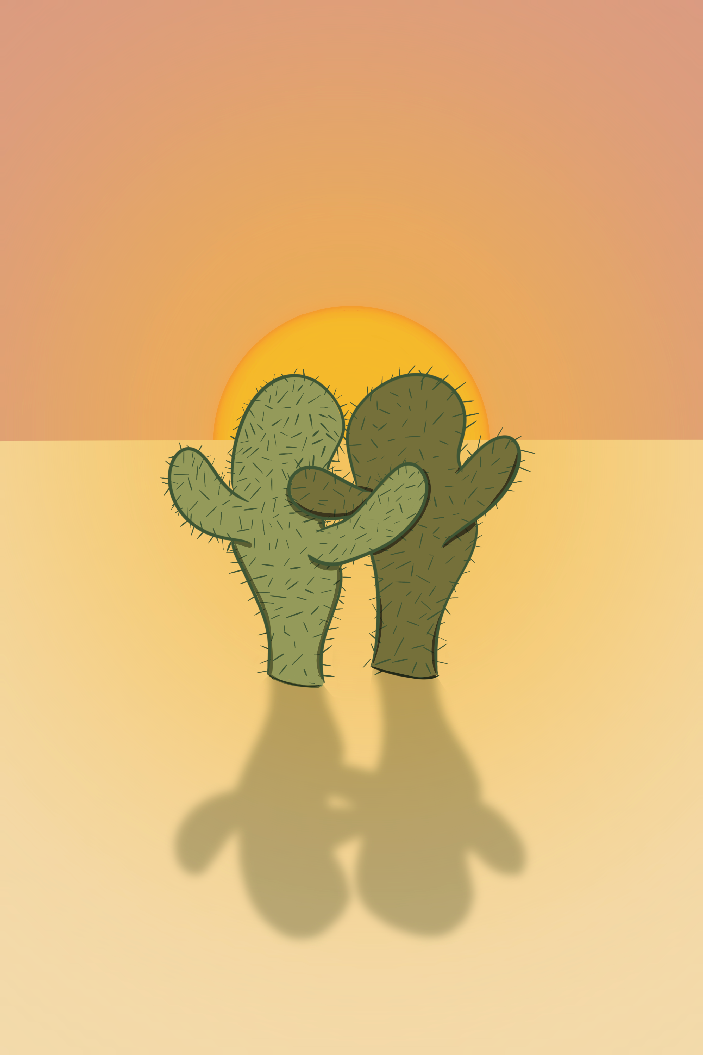 Two cacti hugging with a sunset in the background on a gradient yellow and orange background.